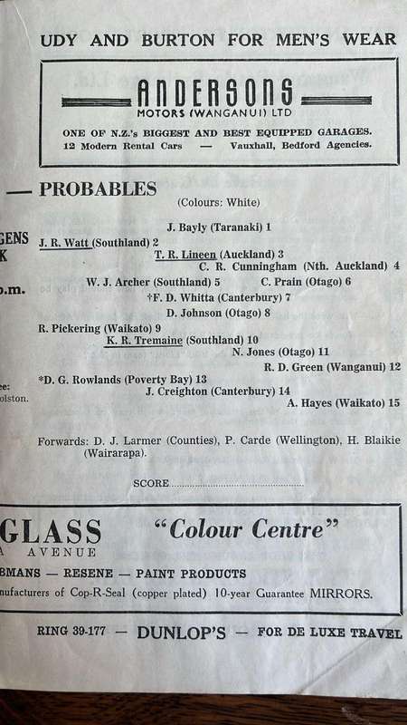 1957 N.Z. Colts Trials & 1961 All Blacks vs South Island XV Programmes, details below