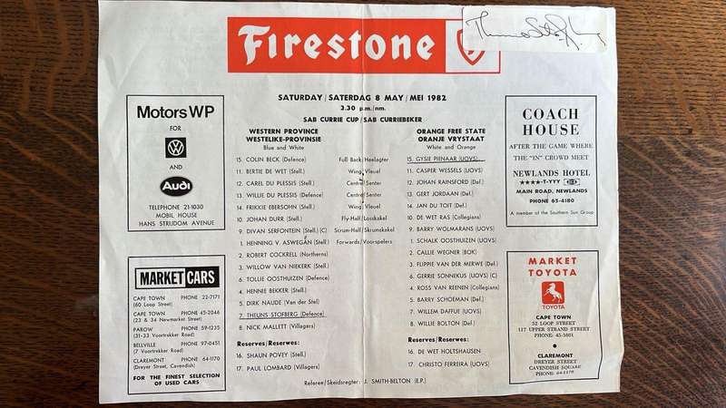 1982 Western Province vs Orange Free State at Newlands, Signed Team Sheet, details below