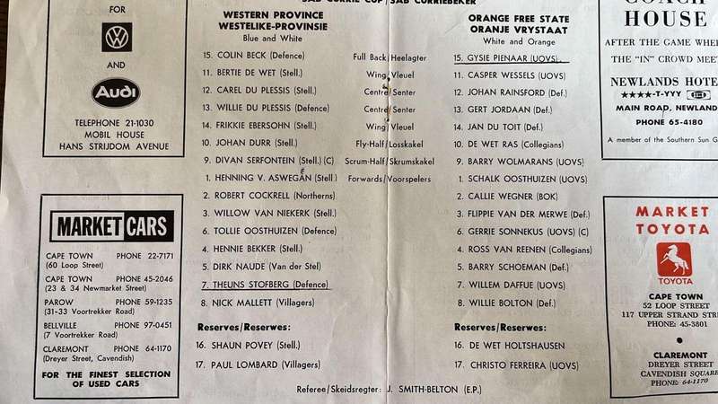 1982 Western Province vs Orange Free State at Newlands, Signed Team Sheet, details below
