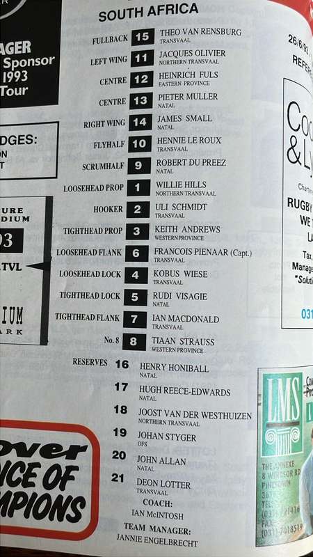 1993 South Africa vs France at Kings Park Signed Programme, details below