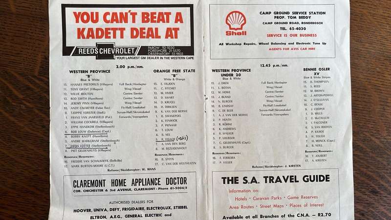 1982 Western Province vs Orange Free State at Newlands, Signed Team Sheet, details below