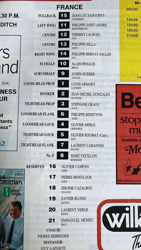 1993 South Africa vs France at Kings Park Signed Programme, details below