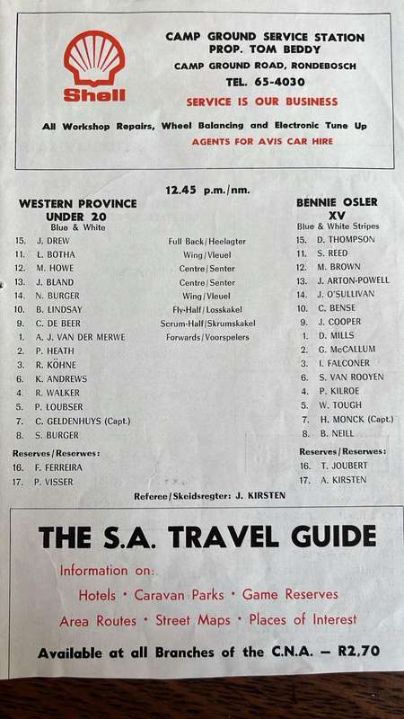 1982 Western Province vs Orange Free State at Newlands, Signed Team Sheet, details below