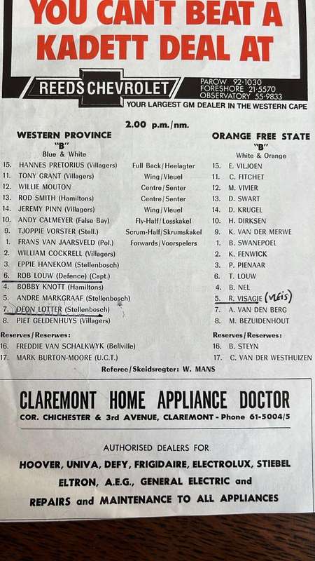 1982 Western Province vs Orange Free State at Newlands, Signed Team Sheet, details below