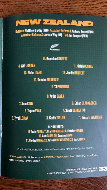 2024 Rugby Championship - Springboks vs All Blacks - 2 Games, 2 Programmes, 1 Price, details below