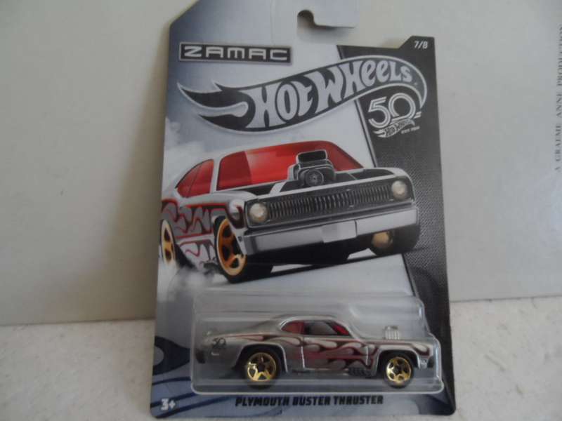Hot Wheels 50th Anniversary Zamac Plymouth Buster Thruster silver -sealed long card  -[m51]