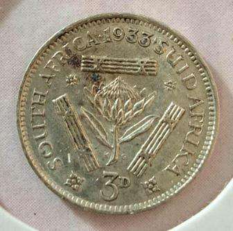 *** 1933 - SA UNION 3 PENCE IN MYLAR #2 ***