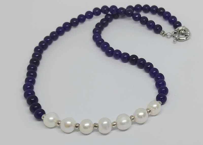 SALE! Genuine Pearl and Purple Malaysian Jade Necklace - Stunning Colours