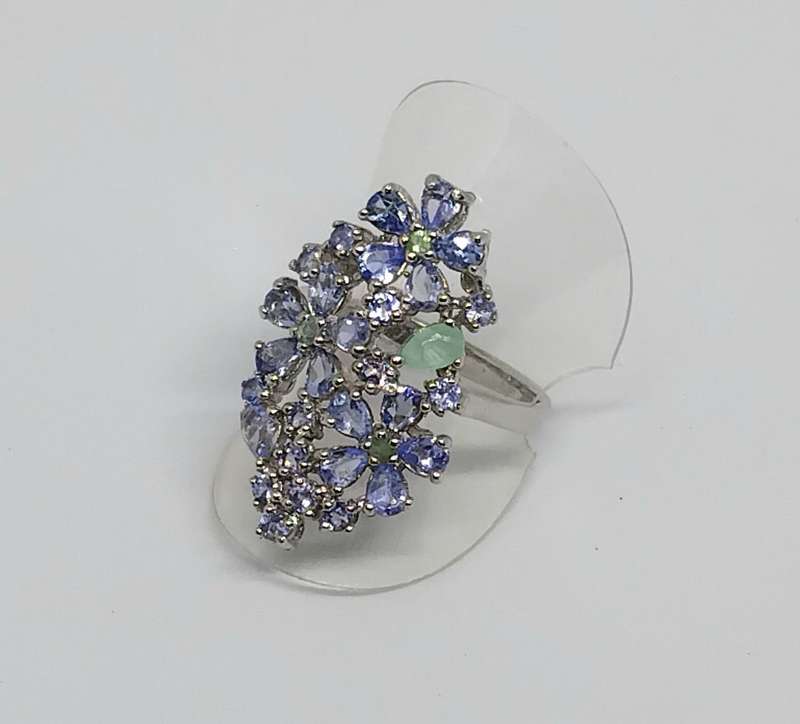 Genuine Tanzanite & Emerald Flower Ring - Gorgeous Big and Bold Ring!