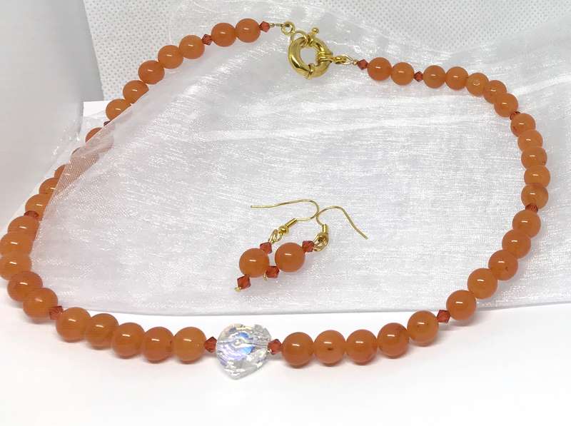 Carnelian & Swarovski Crystal Heart Necklace & Earrings - Beautiful