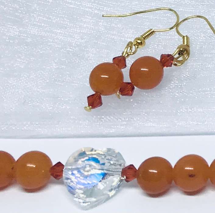 Carnelian & Swarovski Crystal Heart Necklace & Earrings - Beautiful