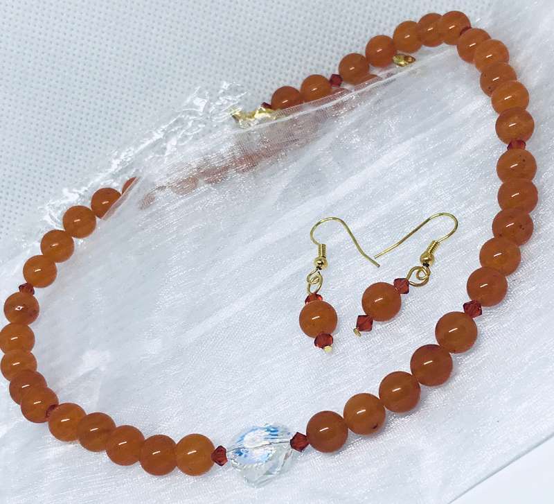 Carnelian & Swarovski Crystal Heart Necklace & Earrings - Beautiful