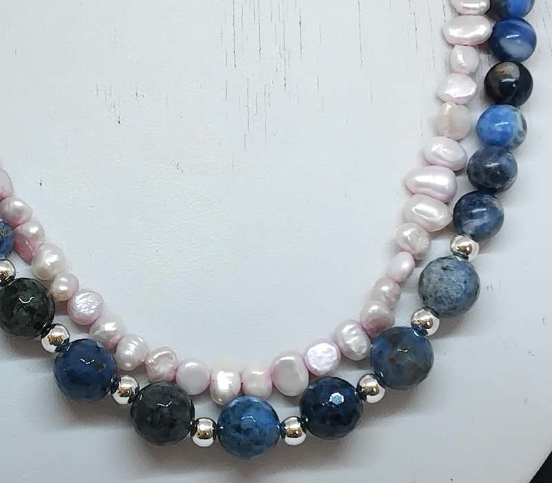 Unusual & Unique Double Necklace. Sodalite, Blue Spot Jasper and Pearls - what a combination