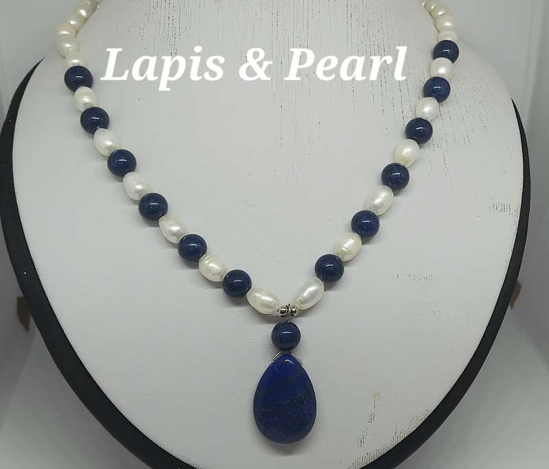 STOCK CLEARANCE! Pearl and Lapis Lazuli Teardrop Necklace - Love this design!