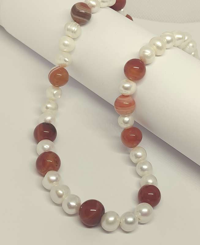 Genuine Pearl and Orange Agate Necklace - Beautiful
