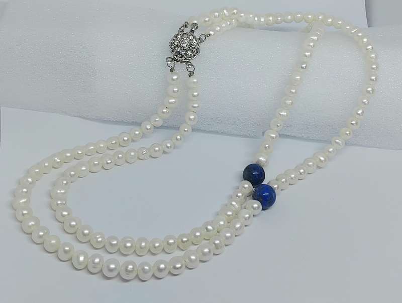 DOUBLE STRAND GENUINE PEARL AND LAPIS LAZULI NECKLACE - STUNNING!