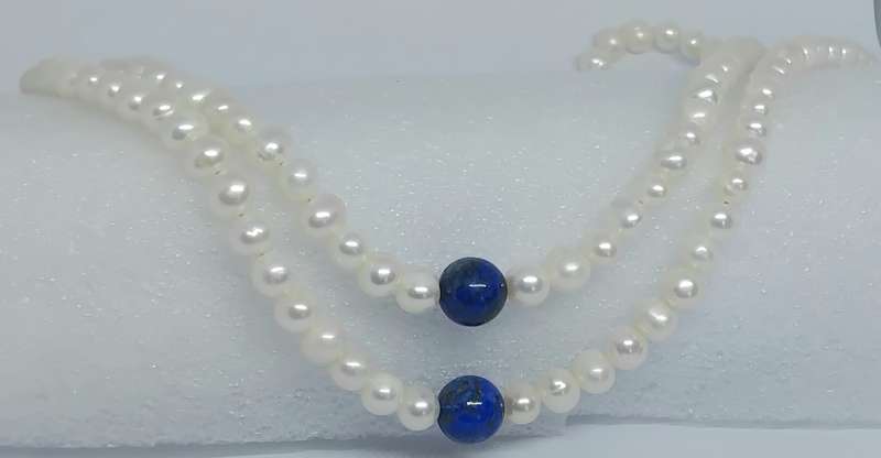DOUBLE STRAND GENUINE PEARL AND LAPIS LAZULI NECKLACE - STUNNING!