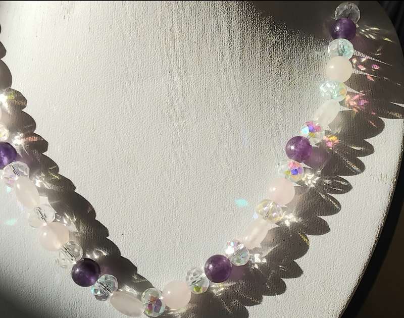 Unique! Genuine Amethyst, Rose Quartz & Crystal Necklace & Bracelet set - Beautiful Quality Stones