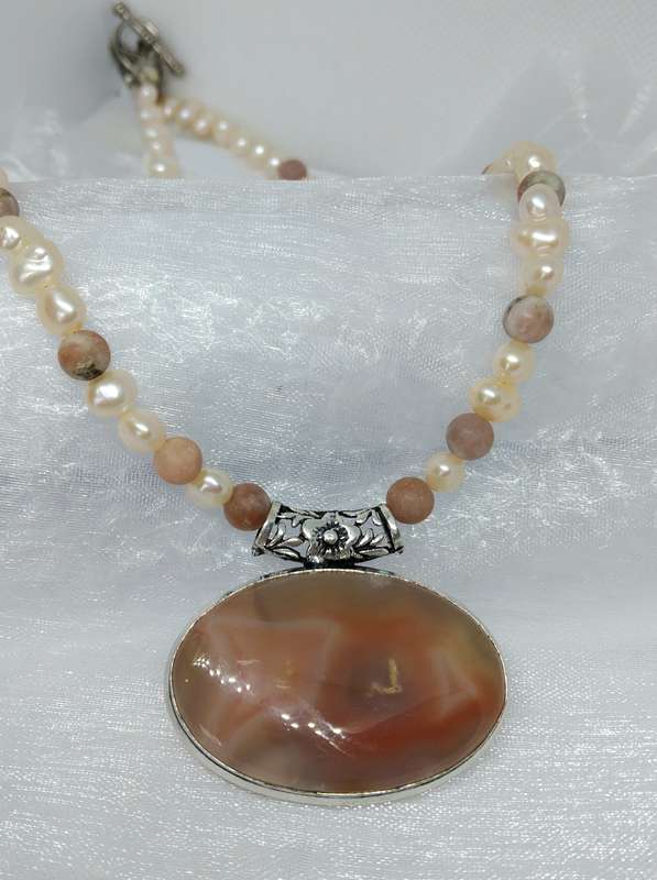 Sardonyx, Pearl & Cherry Blossom Jasper Statement Necklace!
