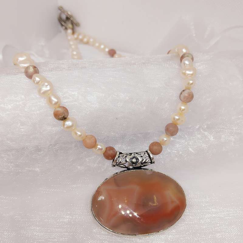 Sardonyx, Pearl & Cherry Blossom Jasper Statement Necklace!