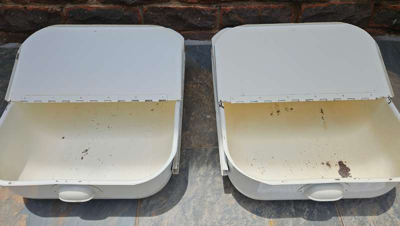 Vintage metal storage drawers for an old kitchen cabinet