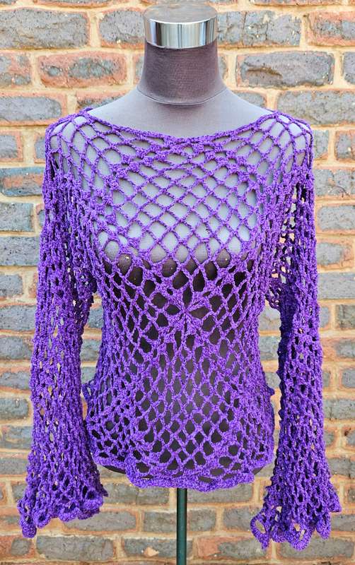 Handmade crochet fine chenille top with bell sleeves, size 36-38