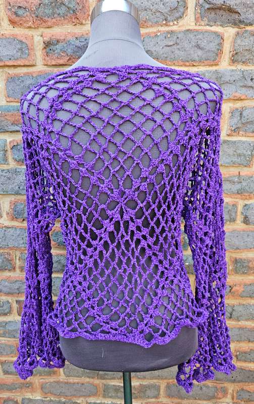Handmade crochet fine chenille top with bell sleeves, size 36-38