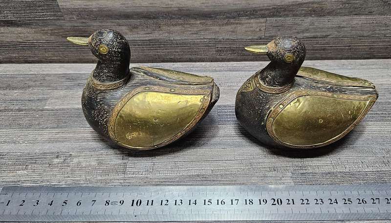 Stunning vintage wooden ducks with brass & copper detail