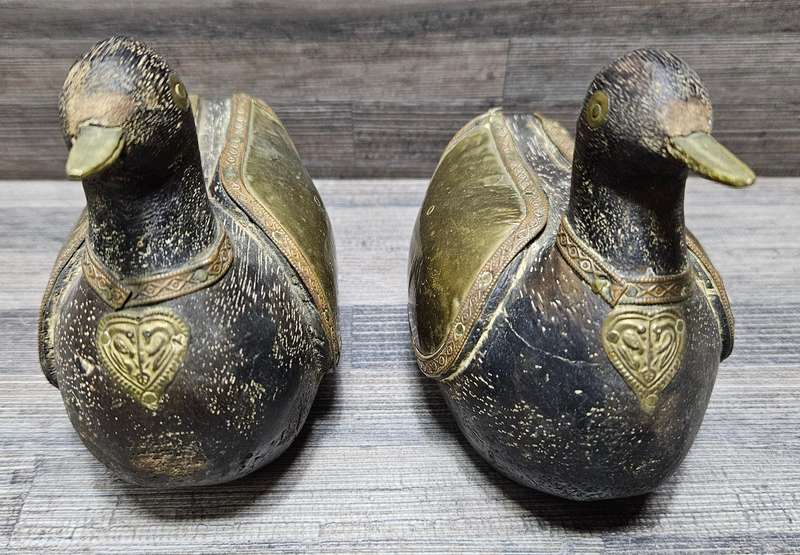 Stunning vintage wooden ducks with brass & copper detail