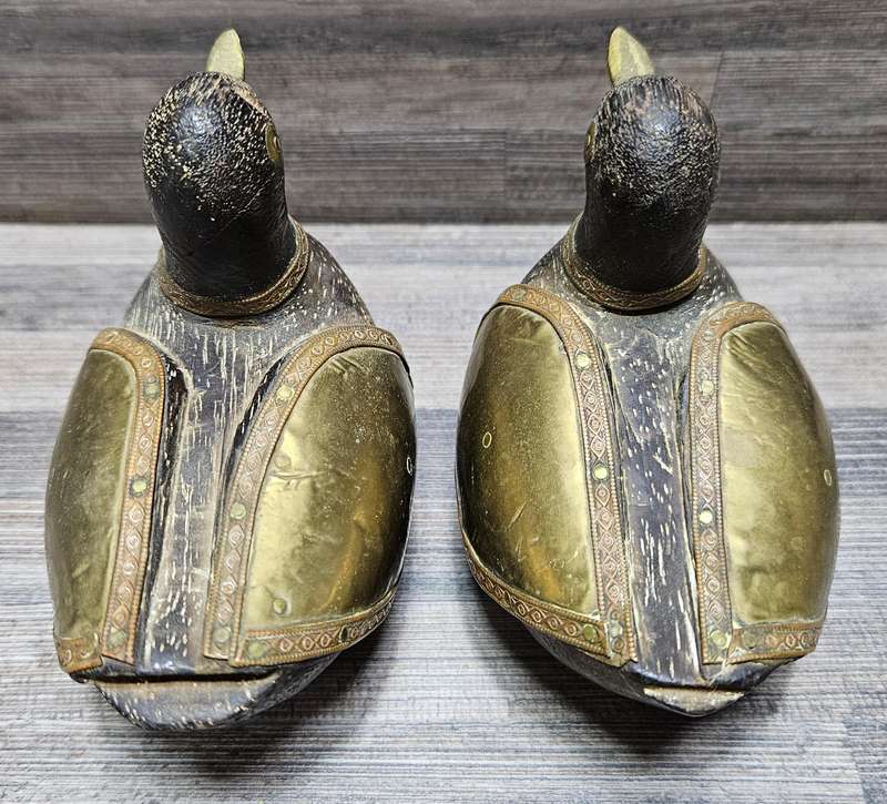 Stunning vintage wooden ducks with brass & copper detail