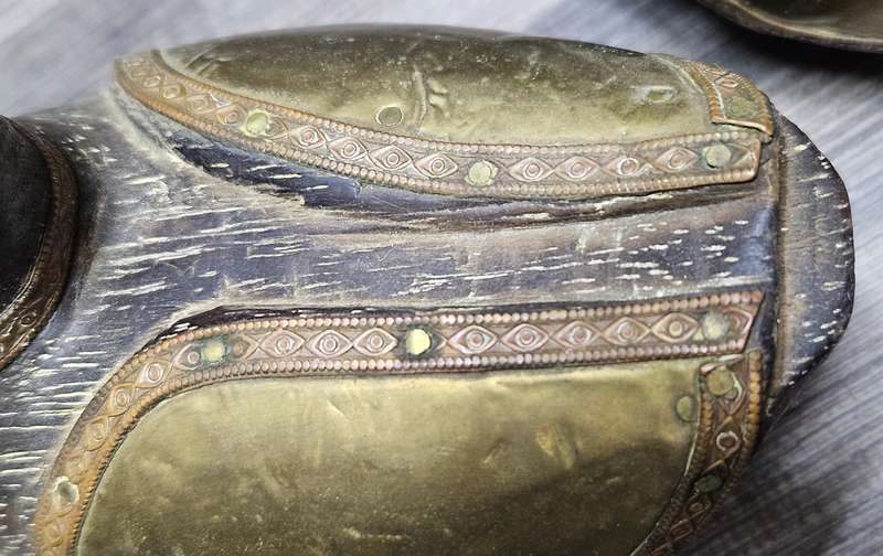 Stunning vintage wooden ducks with brass & copper detail