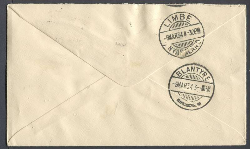 Union of SA - Flight Cover - Cape Town To Limbe Nyasaland