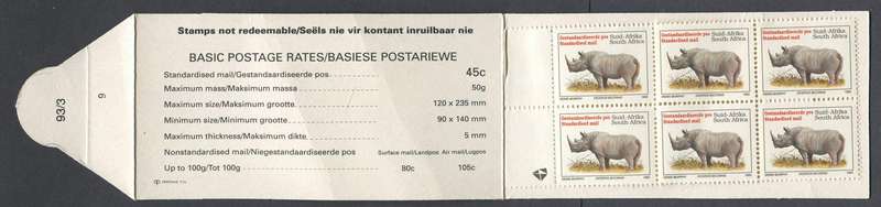 RSA - Rhino Booklet Flap 93/3 9  and No Date on Pane - MNH