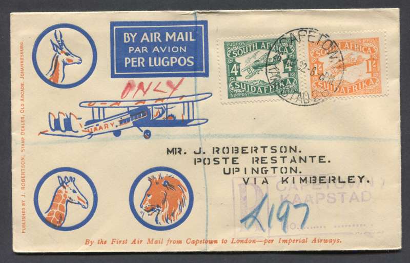 Union of SA - Flight Cover From Cape Town To Upington via Kimberley