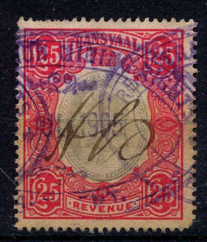 Transvaal - Revenue - 25 Pound - wmk Crown CC - 1902 - Used