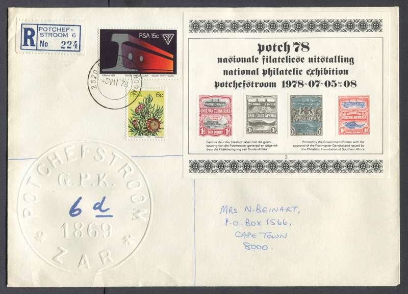RSA - Registered Cover with Cinderella Miniature Sheet Posted at the Exhibition - Potchefstroom