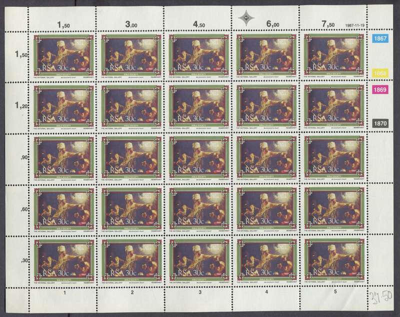 RSA - Set of 3 Full Sheets of 25 - 1987 - MNH - 16c To Large For Scanner