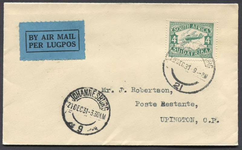 Union of SA - Flight Cover - Johannesburg to Upington