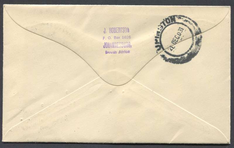 Union of SA - Flight Cover - Johannesburg to Upington
