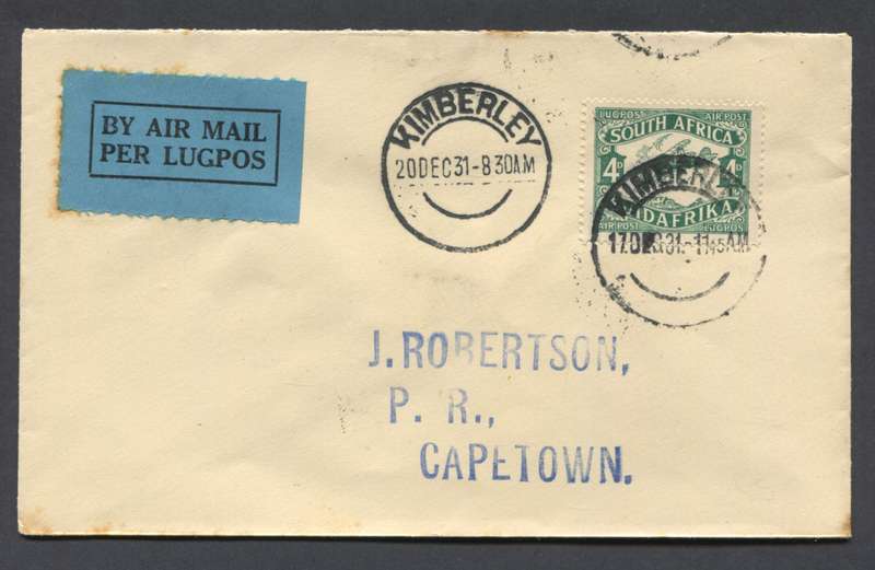 Union of SA - Flight Cover - Kimberly to Cape Town