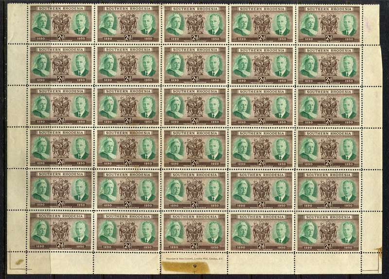 Southern Rhodesia - Bottom Half of Sheet of 30 - 1950 - MNH - Some Separation