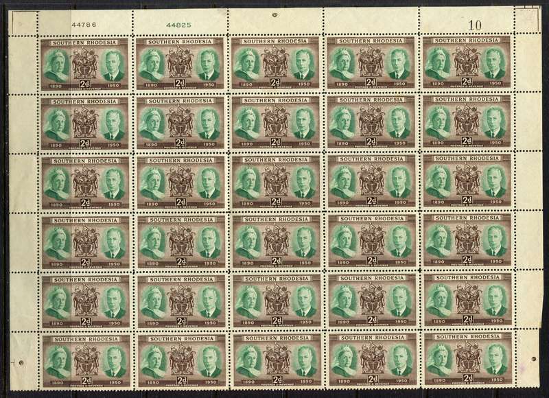 Southern Rhodesia - Top Half of Sheet of 30 - 1950 - MNH - Some Separation