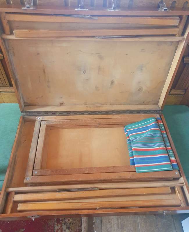 RETRO FOLD OUT CARY CASE CAMPING TABLE AND 2 CHAIRS. SOLID WOOD. ULTRA SCARCE !!