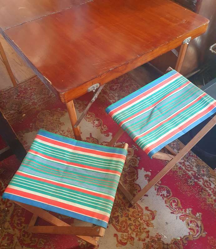 RETRO FOLD OUT CARY CASE CAMPING TABLE AND 2 CHAIRS. SOLID WOOD. ULTRA SCARCE !!