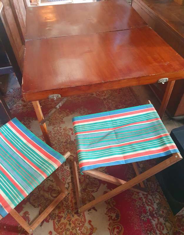 RETRO FOLD OUT CARY CASE CAMPING TABLE AND 2 CHAIRS. SOLID WOOD. ULTRA SCARCE !!