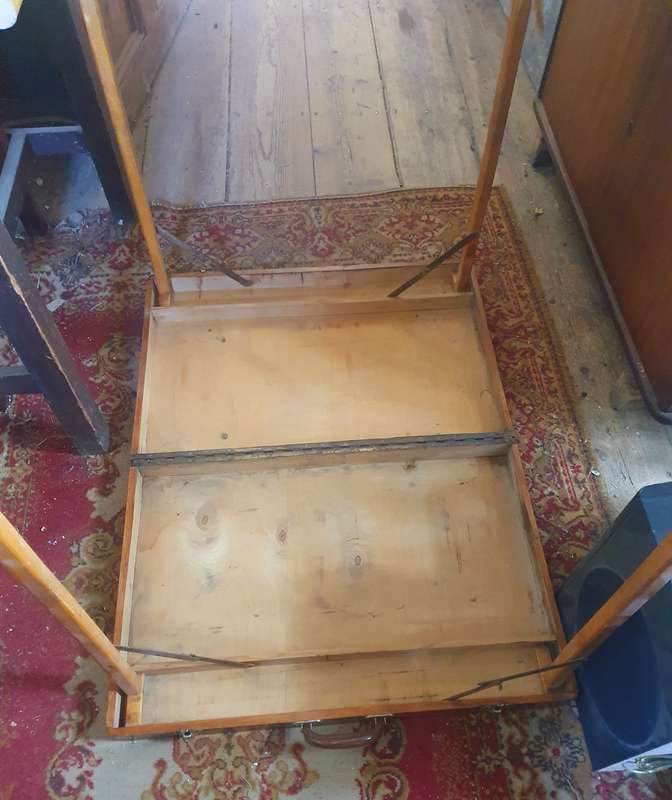 RETRO FOLD OUT CARY CASE CAMPING TABLE AND 2 CHAIRS. SOLID WOOD. ULTRA SCARCE !!