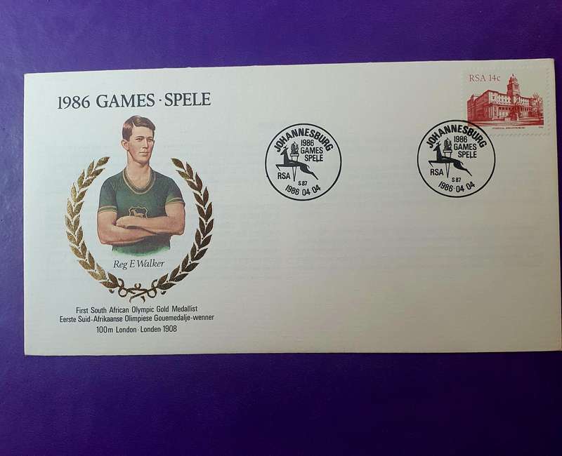 FIRST SOUTH AFRICAN TO WIN OLYMPIC GOLD MEDAL. 1908. EMBOSSED FDC. WITH INSERT.