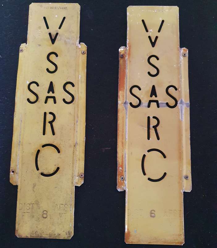 2 X 1960s VINATGE SAR / SAS SIDING METAL PLATES . 40 CM LONG X 12 CM WIDE. OND BID FOR BOTH.