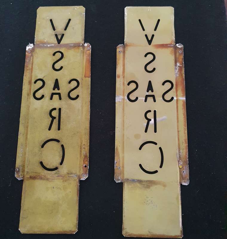 2 X 1960s VINATGE SAR / SAS SIDING METAL PLATES . 40 CM LONG X 12 CM WIDE. OND BID FOR BOTH.