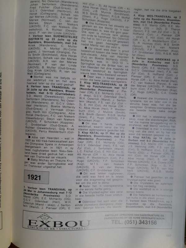 VRYSTAAT - 100 Jaar van Hardlooprugby - 1895 tot 1995 - by Frikkie van Rensburg